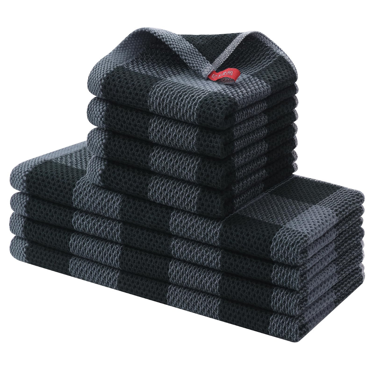 Homaxy eight-piece towel set in black and grey check for durable, stylish drying