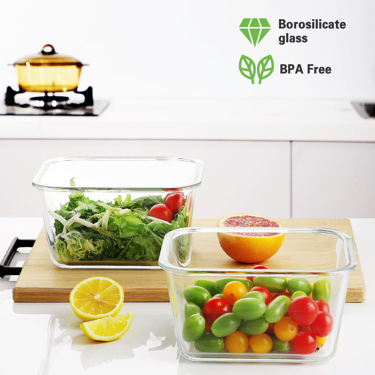 HOMBERKING freezer-safe glass container for frozen leftovers.