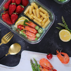 HOMBERKING glass containers tolerate -20°C to 400°C for freezer to oven use (lids excluded).