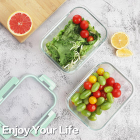 Stacked HOMBERKING glass containers save kitchen cabinet space.