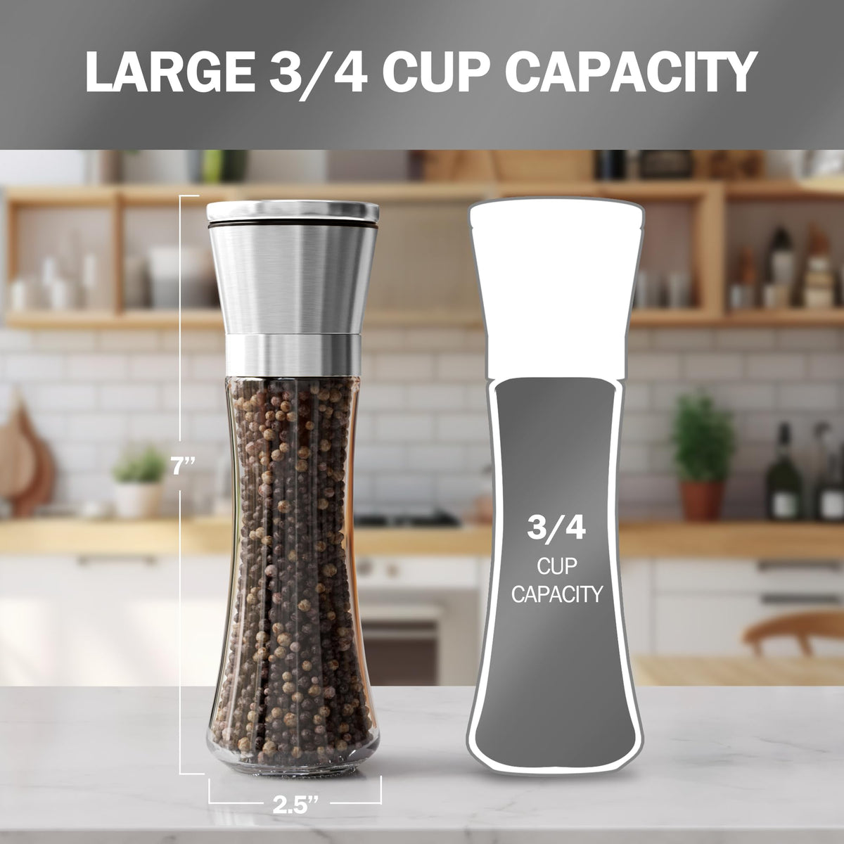 HOME EC stainless salt grinder side view highlights sleek tall glass bottle for easy handling.