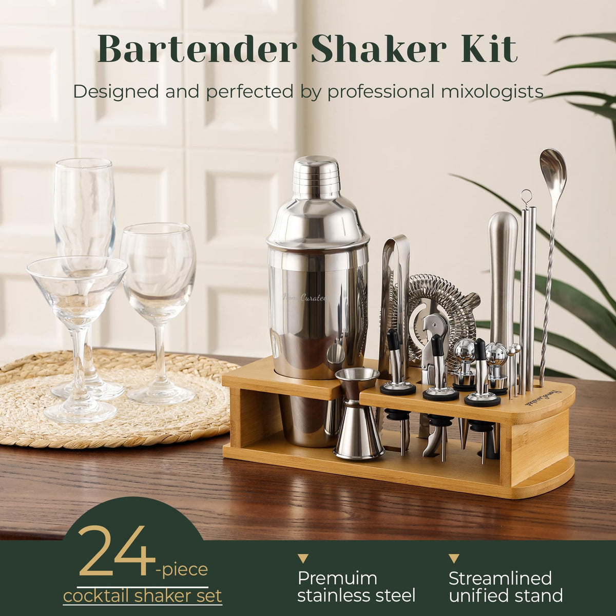 HomeCurated bamboo stand displaying organized bar tools for quick access