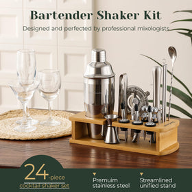 HomeCurated bamboo stand displaying organized bar tools for quick access