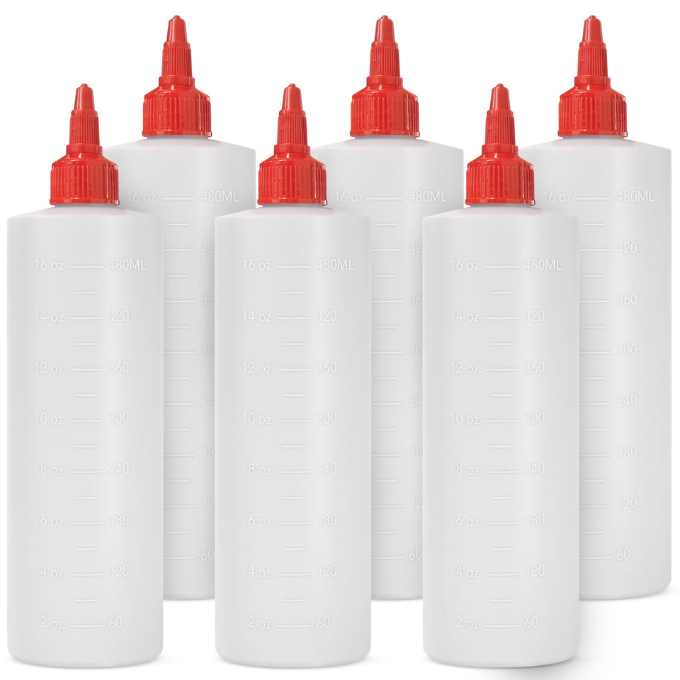 Homestead Choice squeeze bottles 6-pack with clear view for precise pouring.