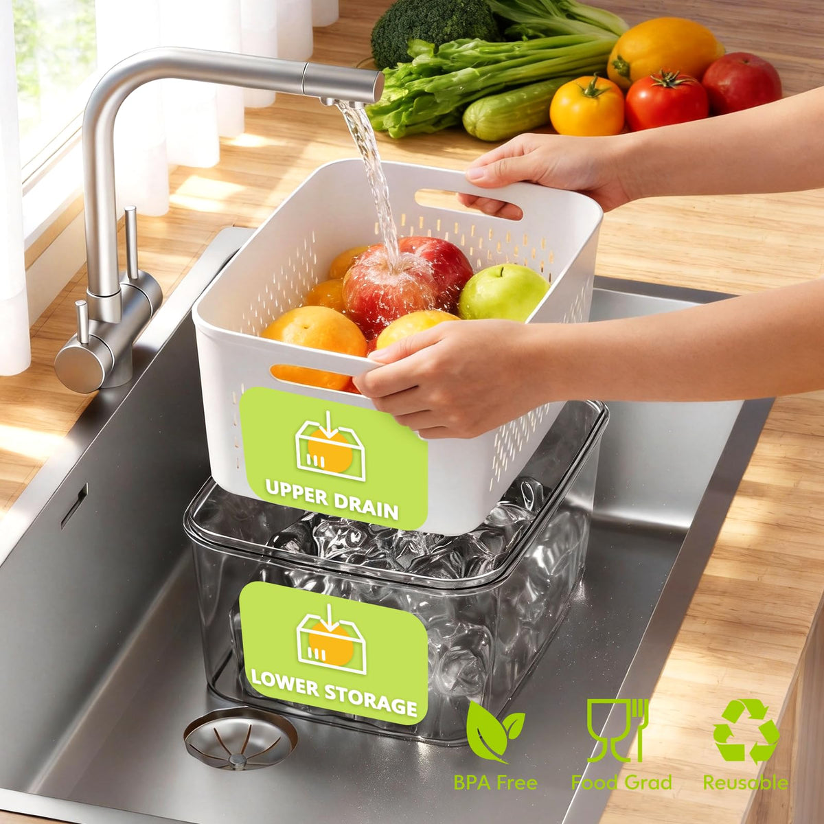 HOMETALL removable colanders inside containers for easy washing and draining