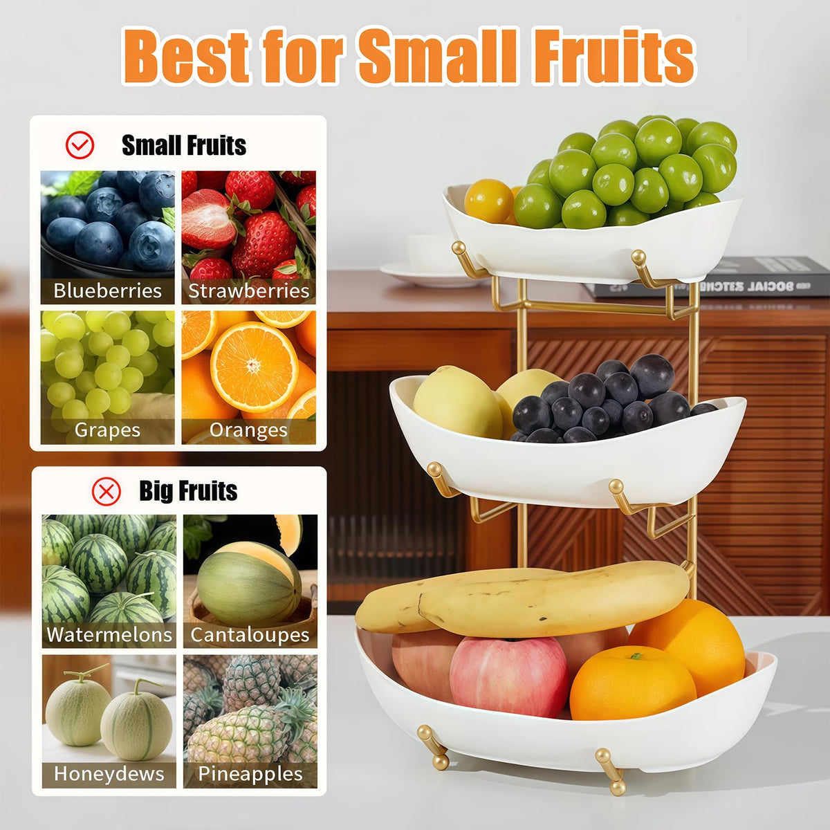 HOMKULA gold-tone ceramic bowl displaying fresh fruit and snacks