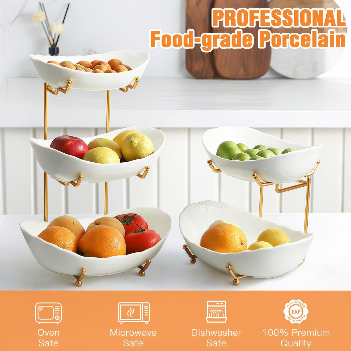 HOMKULA gold stand elevates the tiered fruit holder for stylish countertop organization