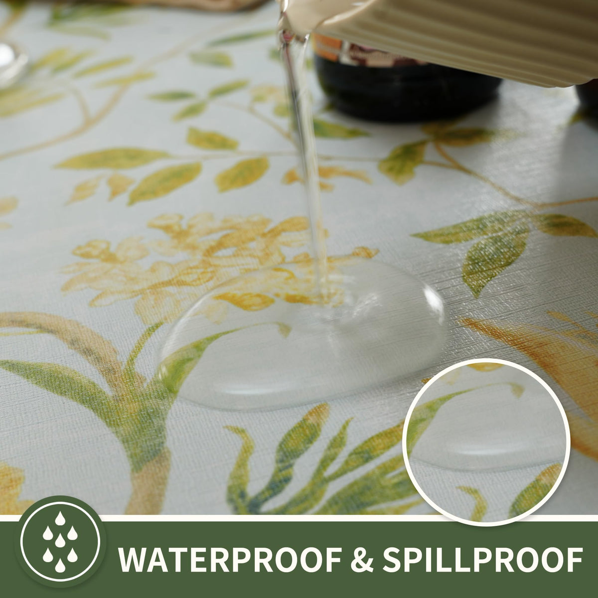 HOMOHEINI leaves-pattern tablecloth close-up reveals durable vinyl surface.