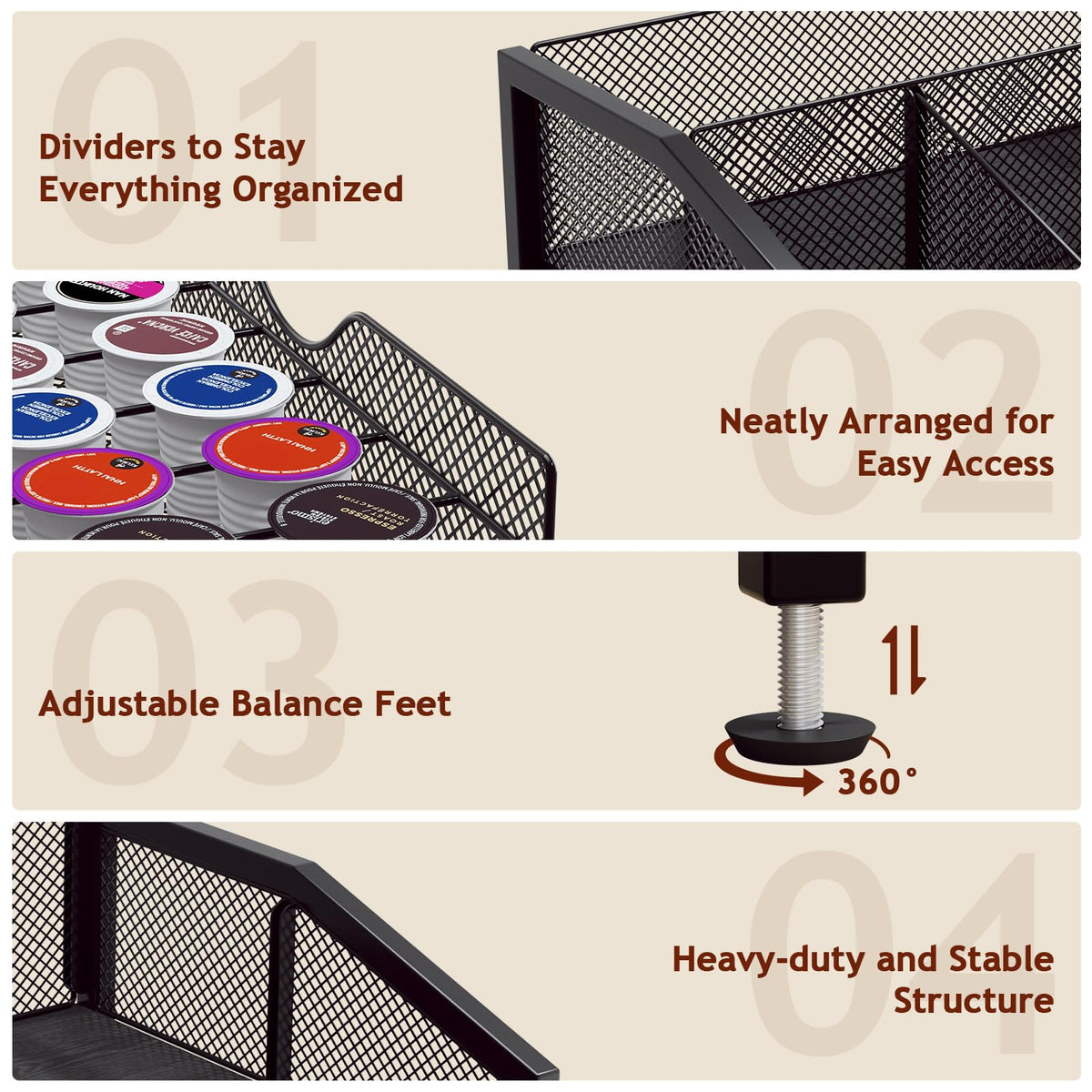 Homsorout coffee bar organizer cups area; dedicated space for mugs and lids.