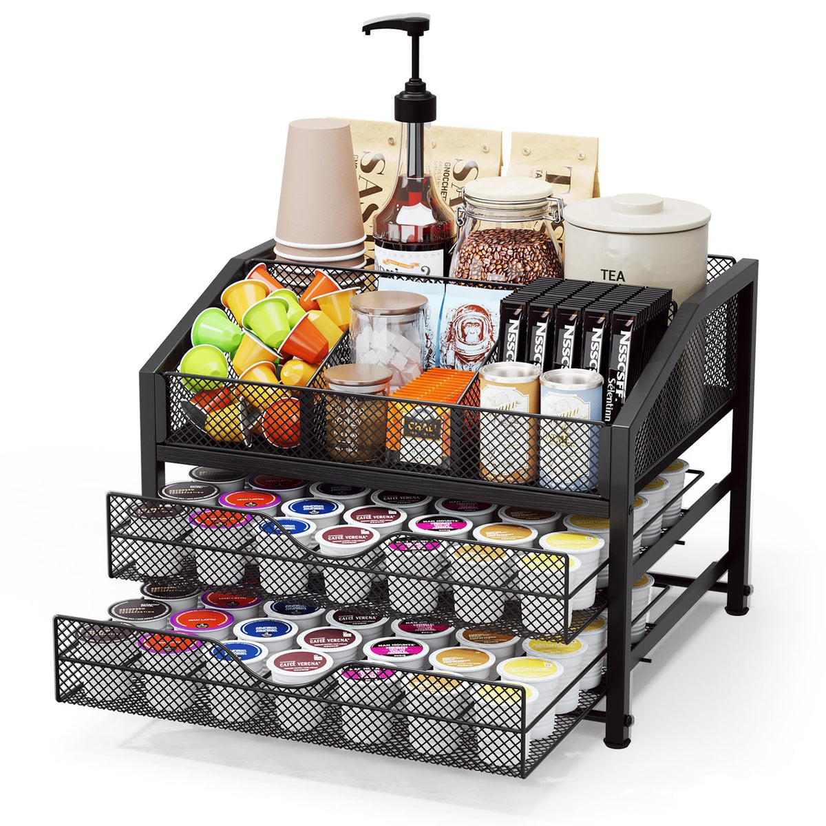 Homsorout coffee bar organizer front view; keeps pods and cups within easy reach.