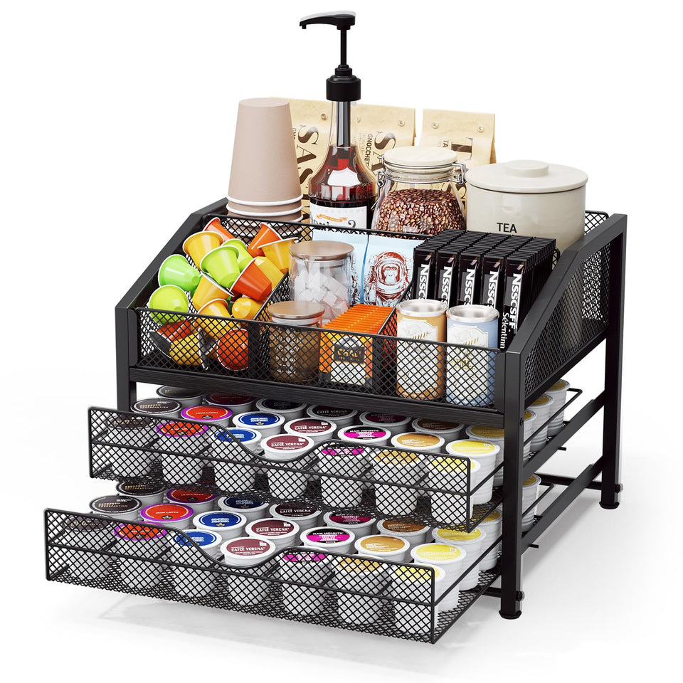 Homsorout coffee bar organizer front view; keeps pods and cups within easy reach.
