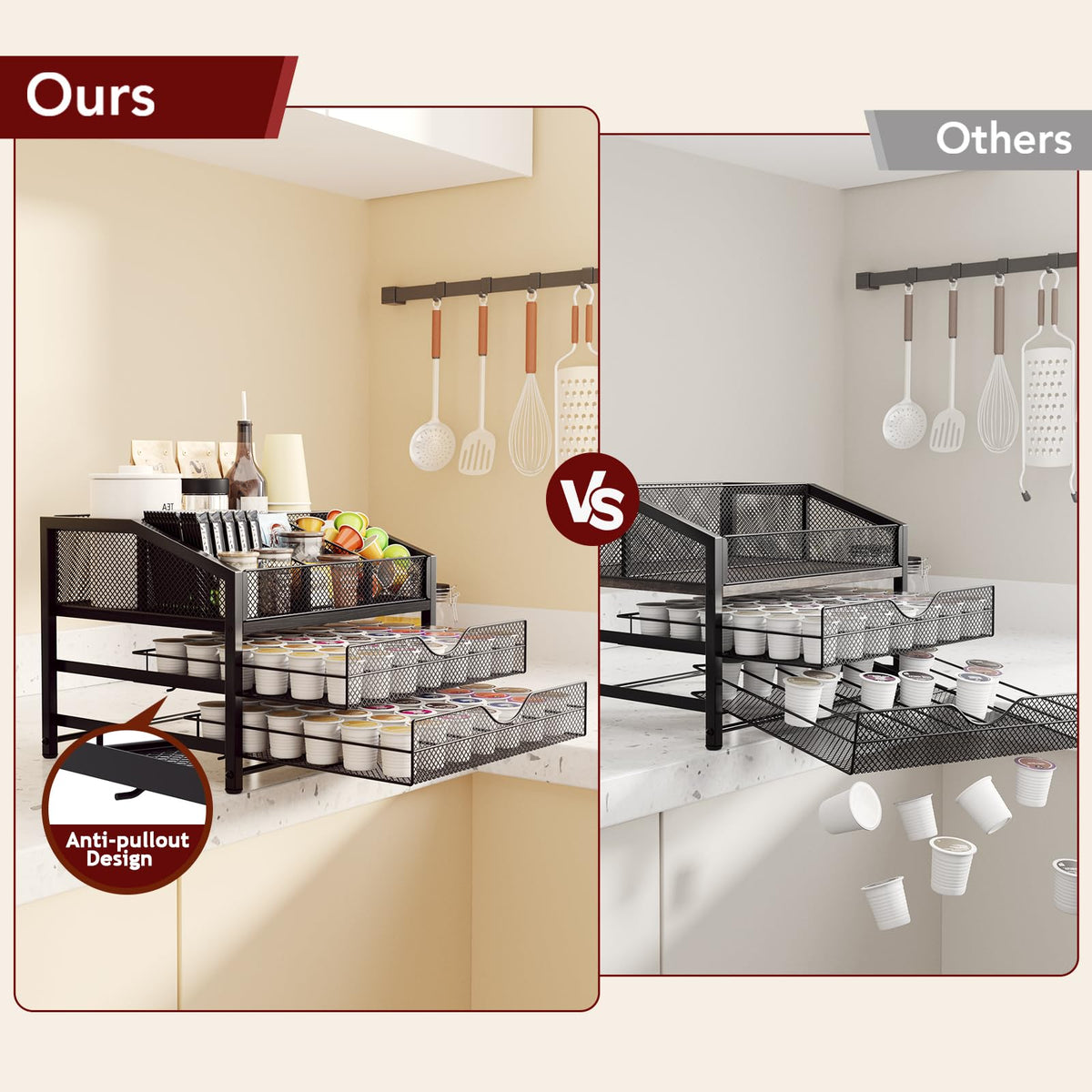 Homsorout coffee bar organizer material closeup; combines wood and metal for durable style.