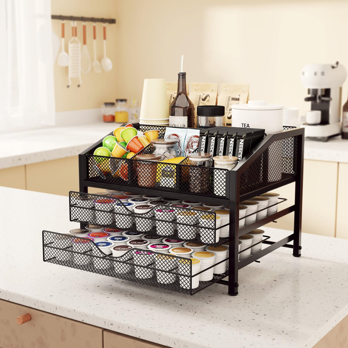Homsorout coffee bar organizer tea bags area; tidy storage for quick brews.