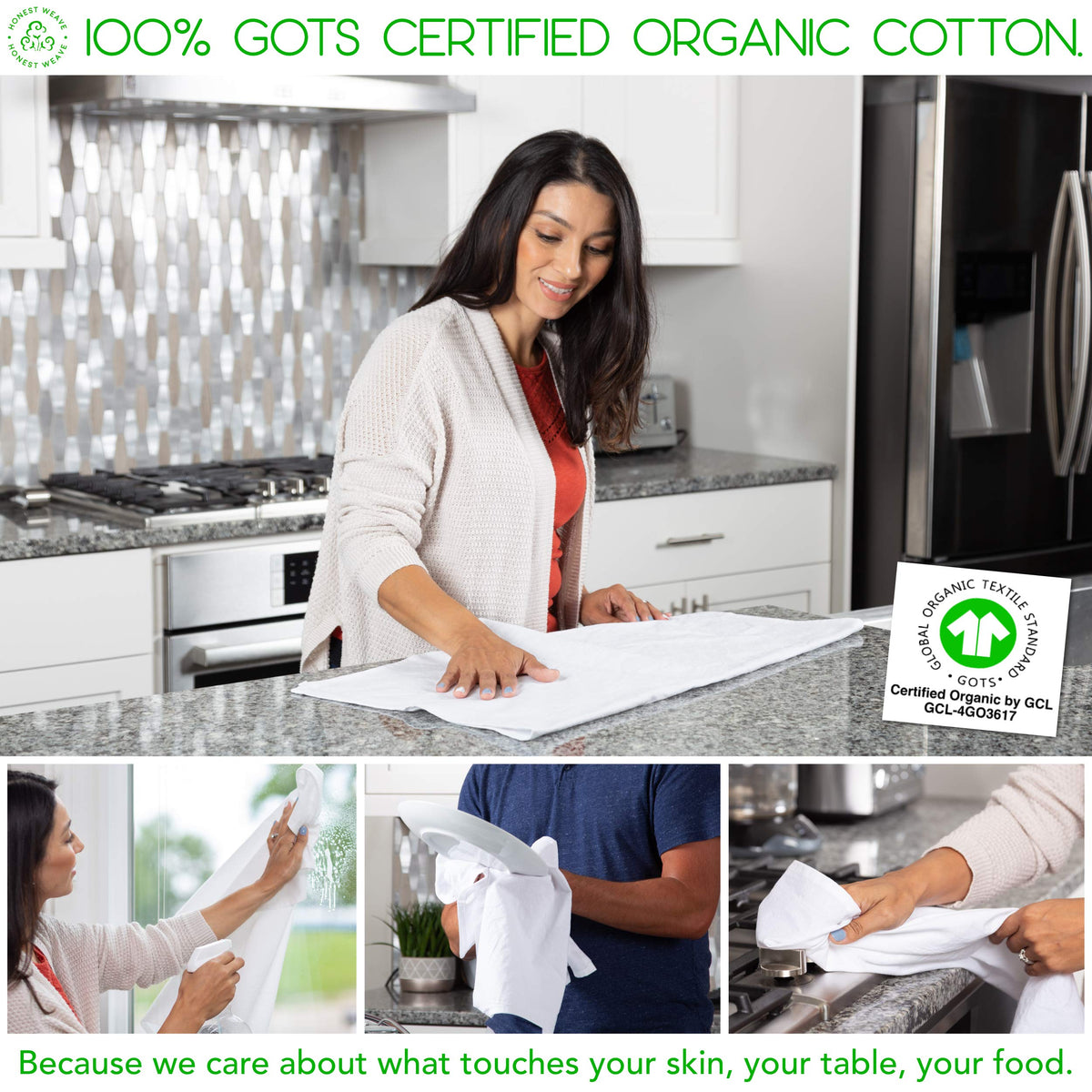 HONEST WEAVE towels help reduce paper towel use by replacing disposables.