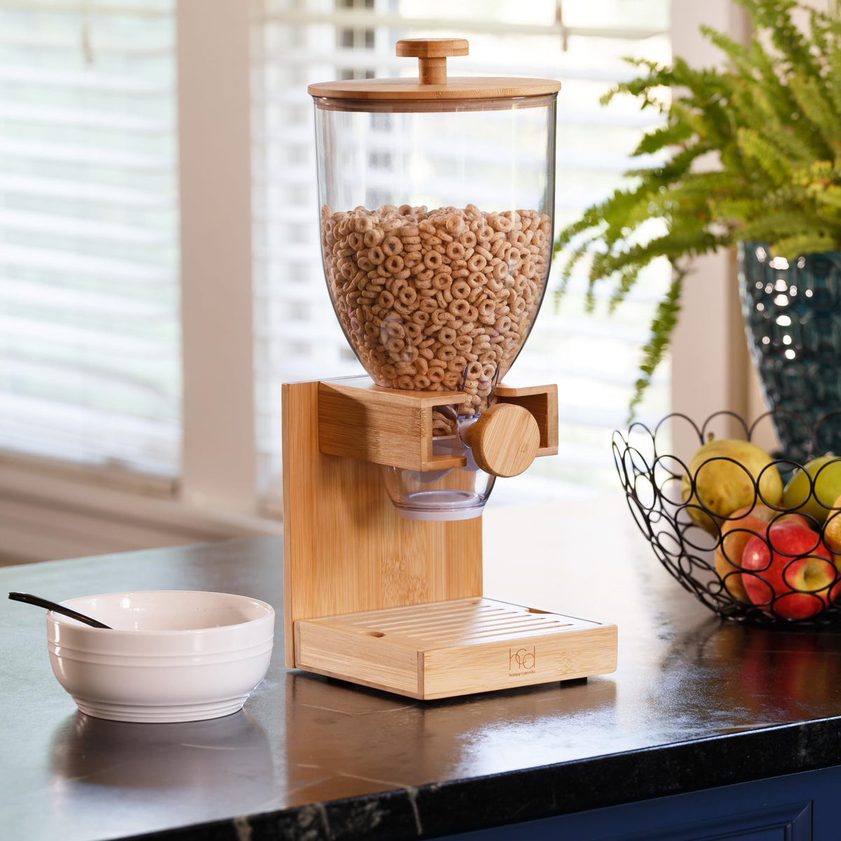 Honey-Can-Do compact dry food dispenser side view highlights space-saving countertop design