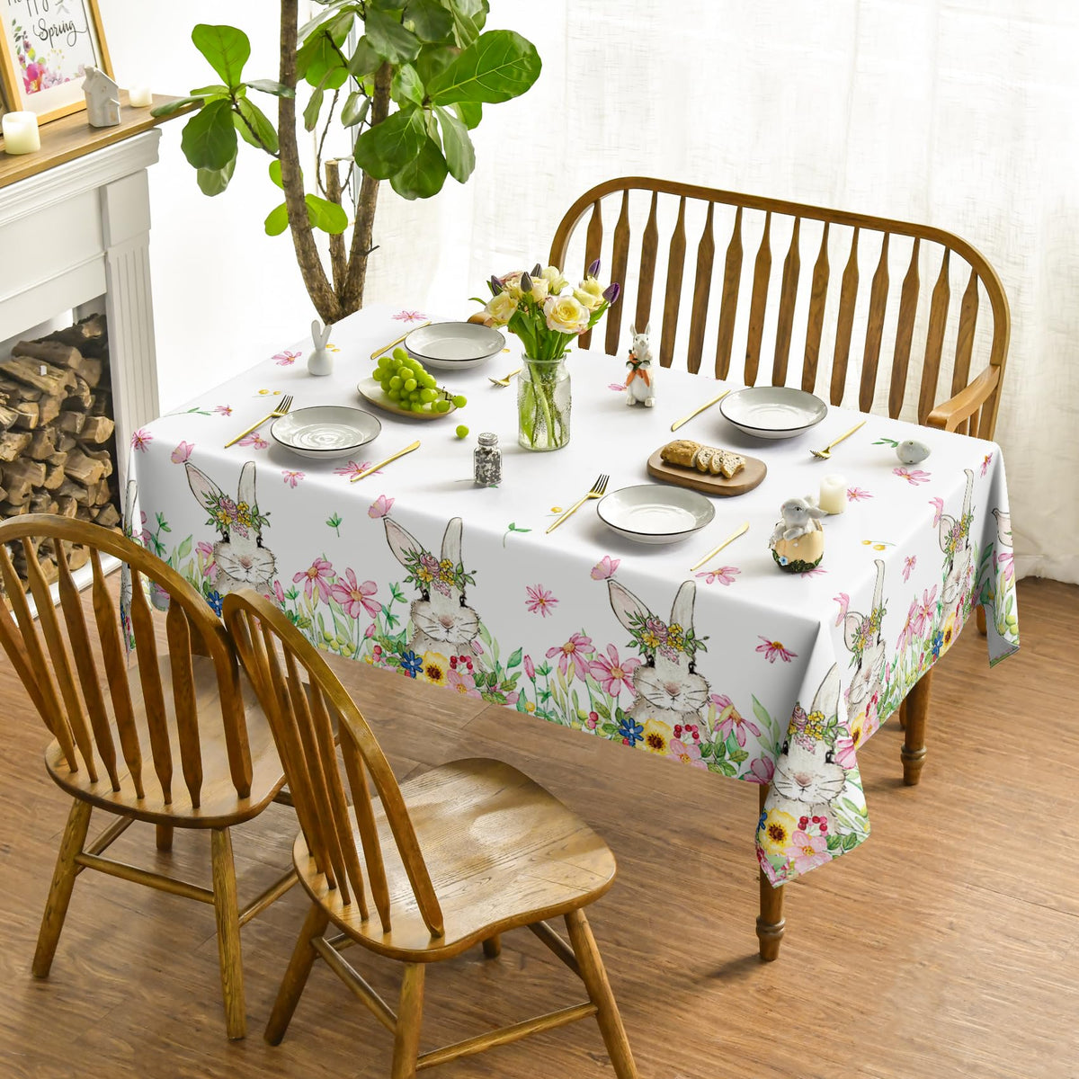 Horaldaily tablecloth close-up shows spring flower bunny pattern.