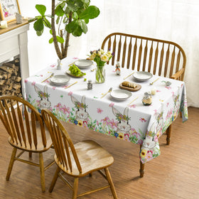 Horaldaily tablecloth close-up shows spring flower bunny pattern.