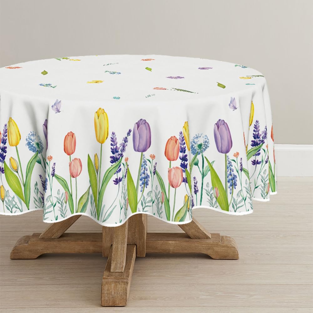 Horaldaily close-up of tulips and lavender on a round tablecloth