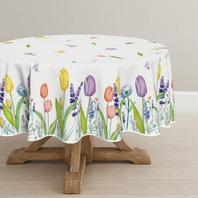 Horaldaily close-up of tulips and lavender on a round tablecloth