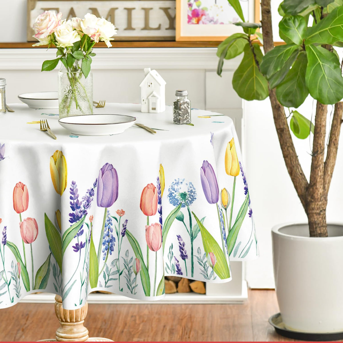 Horaldaily Spring Summer Tablecloth with watercolor florals for festive tables.