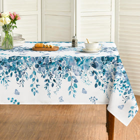 Horaldaily Spring tablecloth with blue eucalyptus pattern enhances table decor.