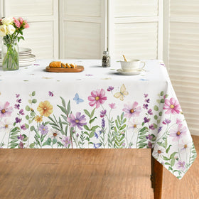 Horaldaily Spring Tablecloth closeup shows wildflowers and butterflies for vibrant table decor.