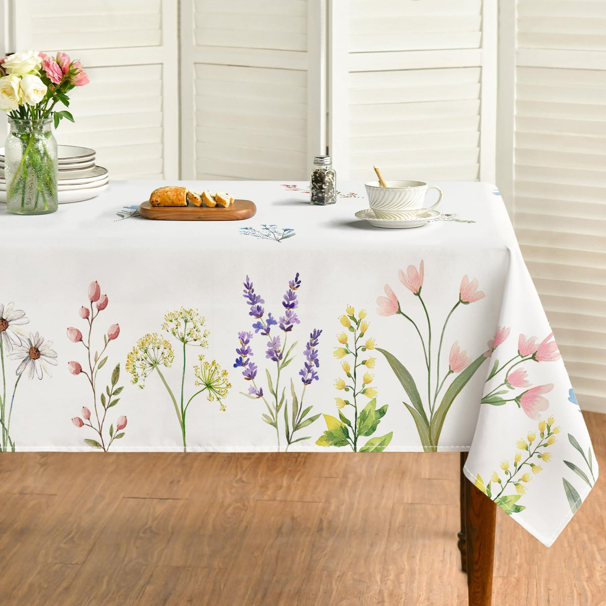 Horaldaily tablecloth with spring watercolor flowers on 60x120 table, ideal for festive gatherings.
