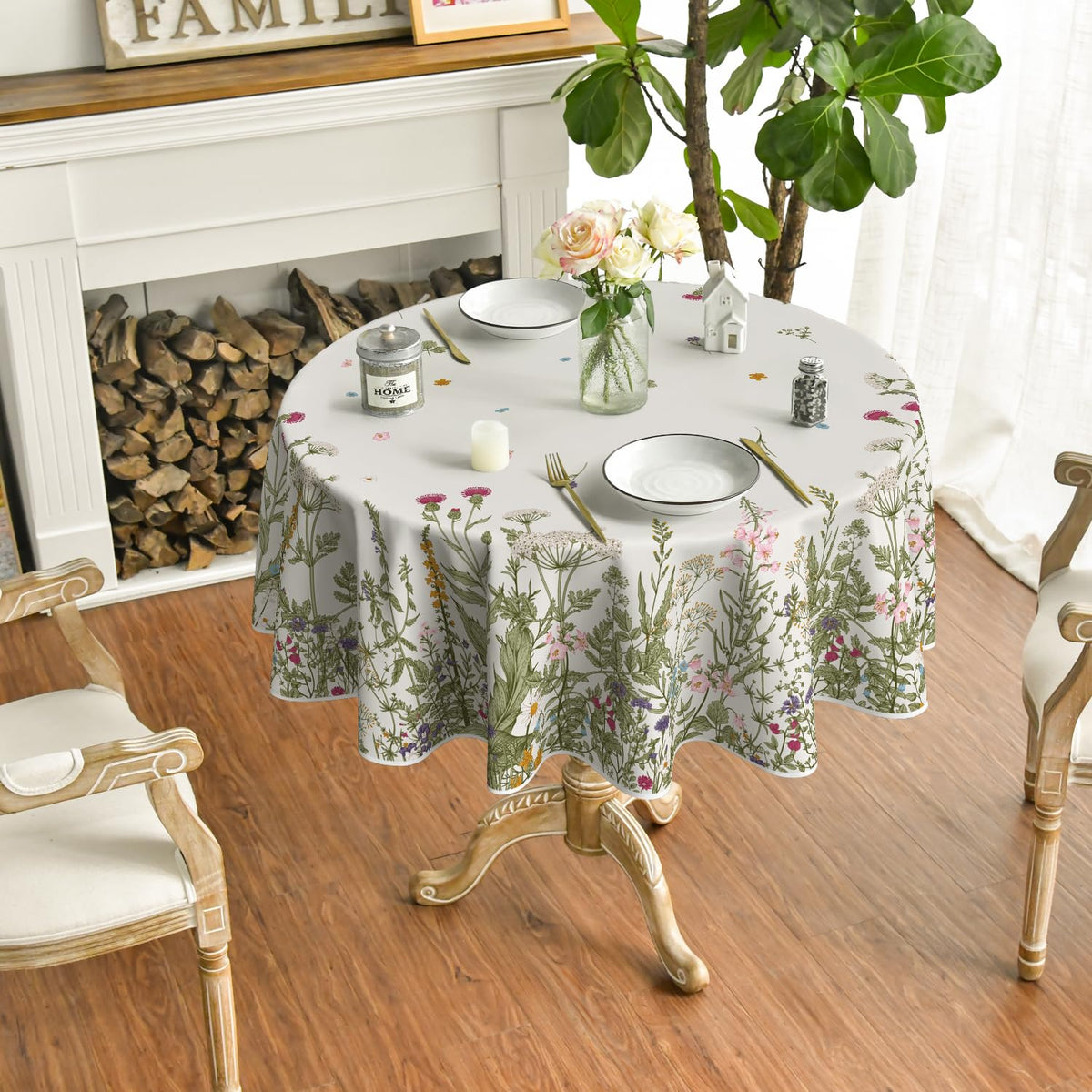 Horaldaily Wild Flowers round tablecloth on dining table demonstrates easy elegance for everyday meals.