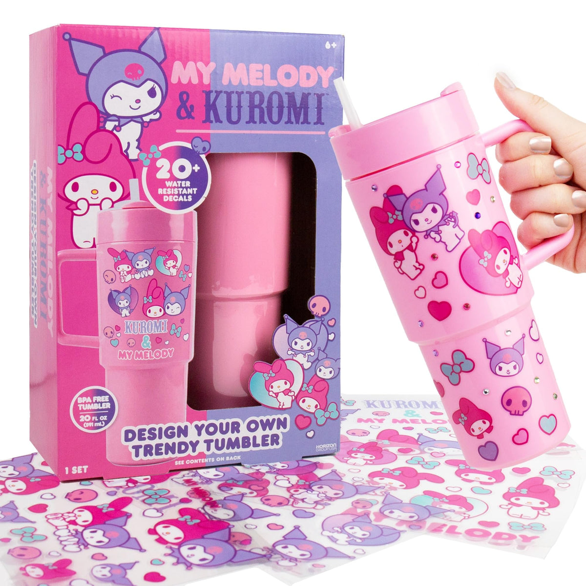 Horizon My Melody & Kuromi tumbler with pink decal sheets for personalized style on the go.