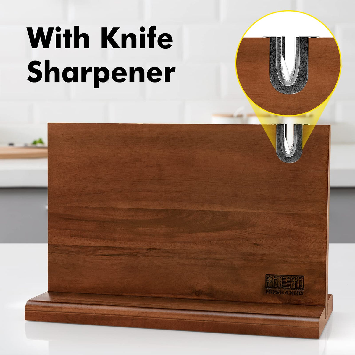 HOSHANHO acacia wood knife block shows natural grain and durable blade support.