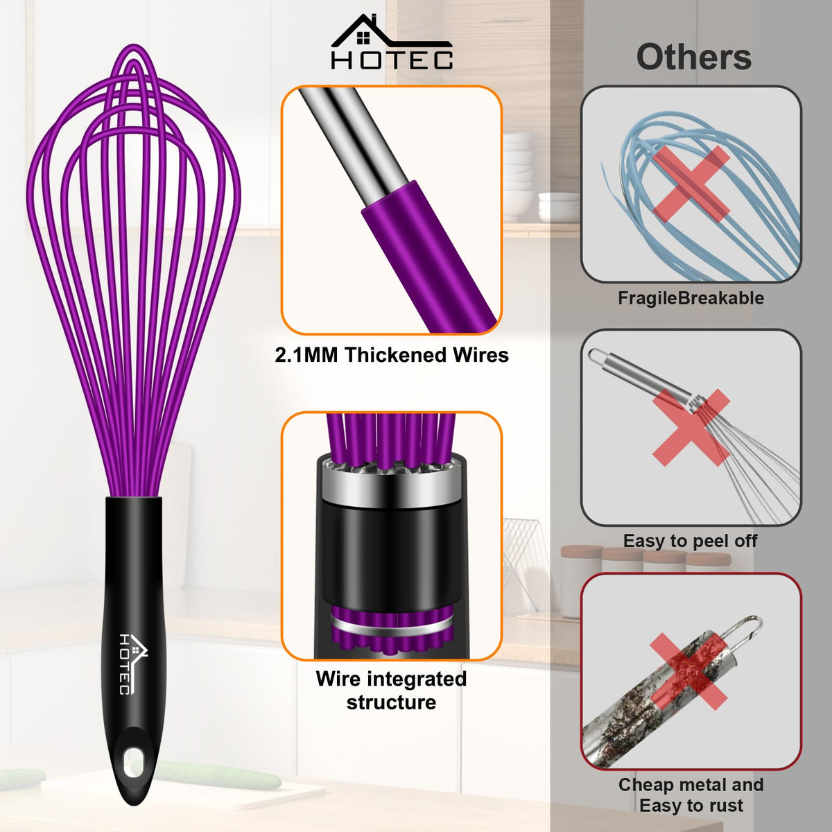 HOTEC dishwasher-safe silicone whisks for easy cleanup after cooking.