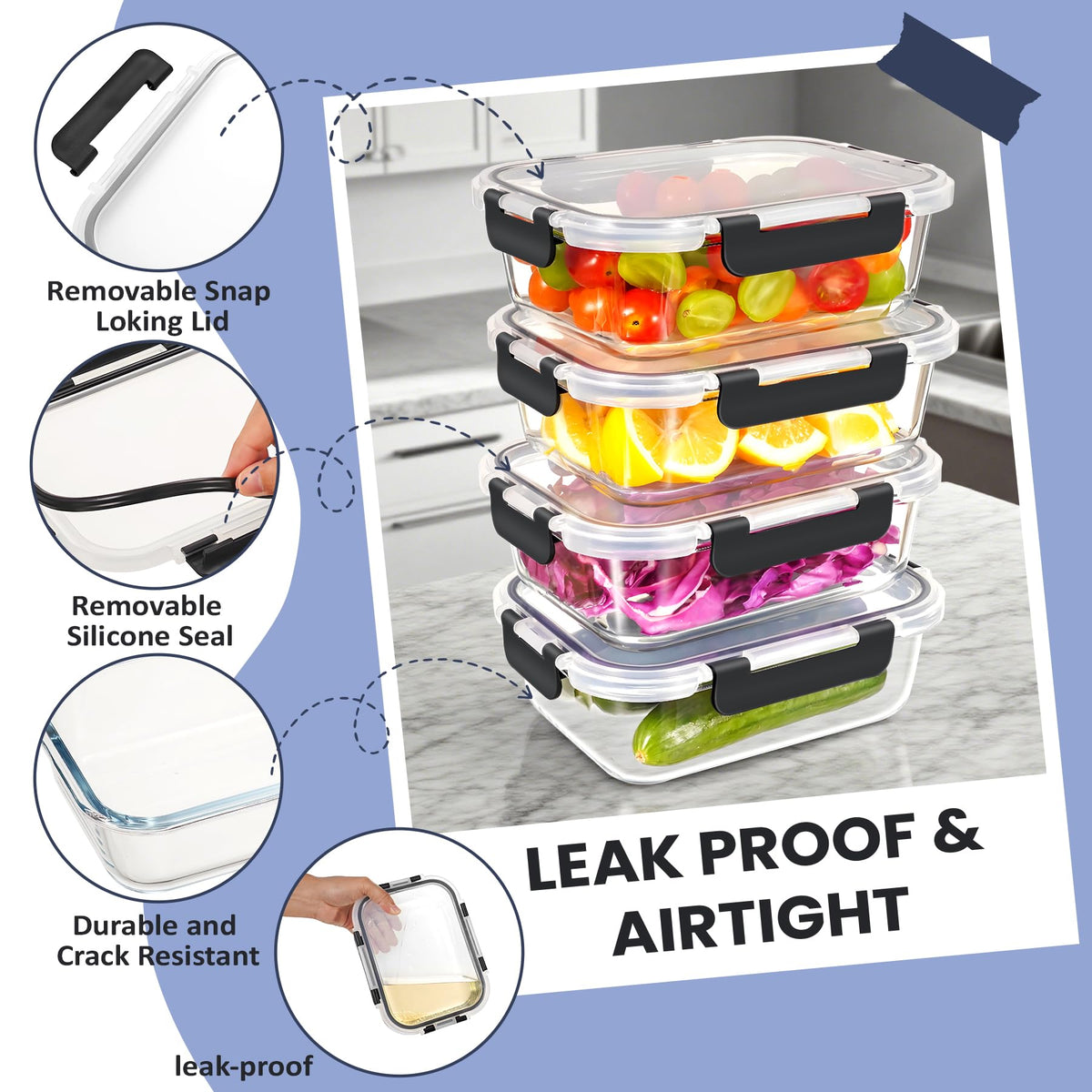 Stackable HOTEC glass containers maximize fridge space and reduce clutter