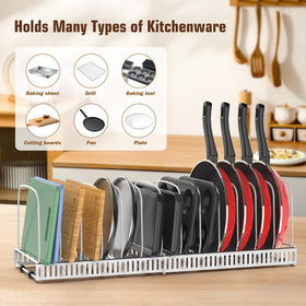 Housolution expandable baking tray organizer shows adjustable dividers for cookware.