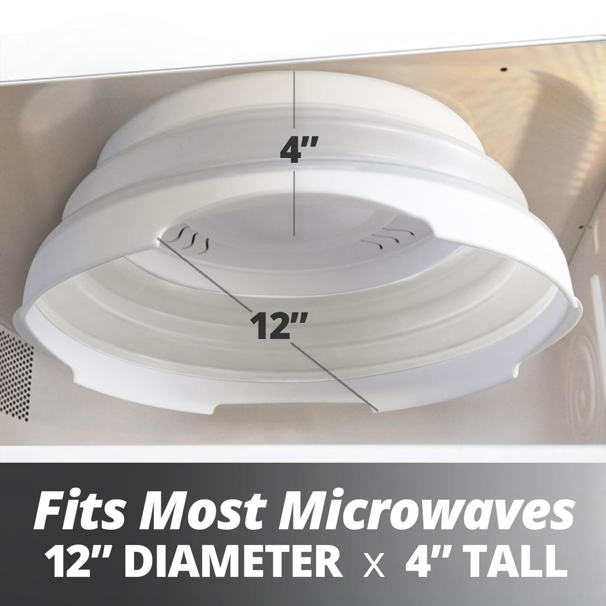 Hover Cover collapsible lid expanded to fit tall bowls for versatile reheating.