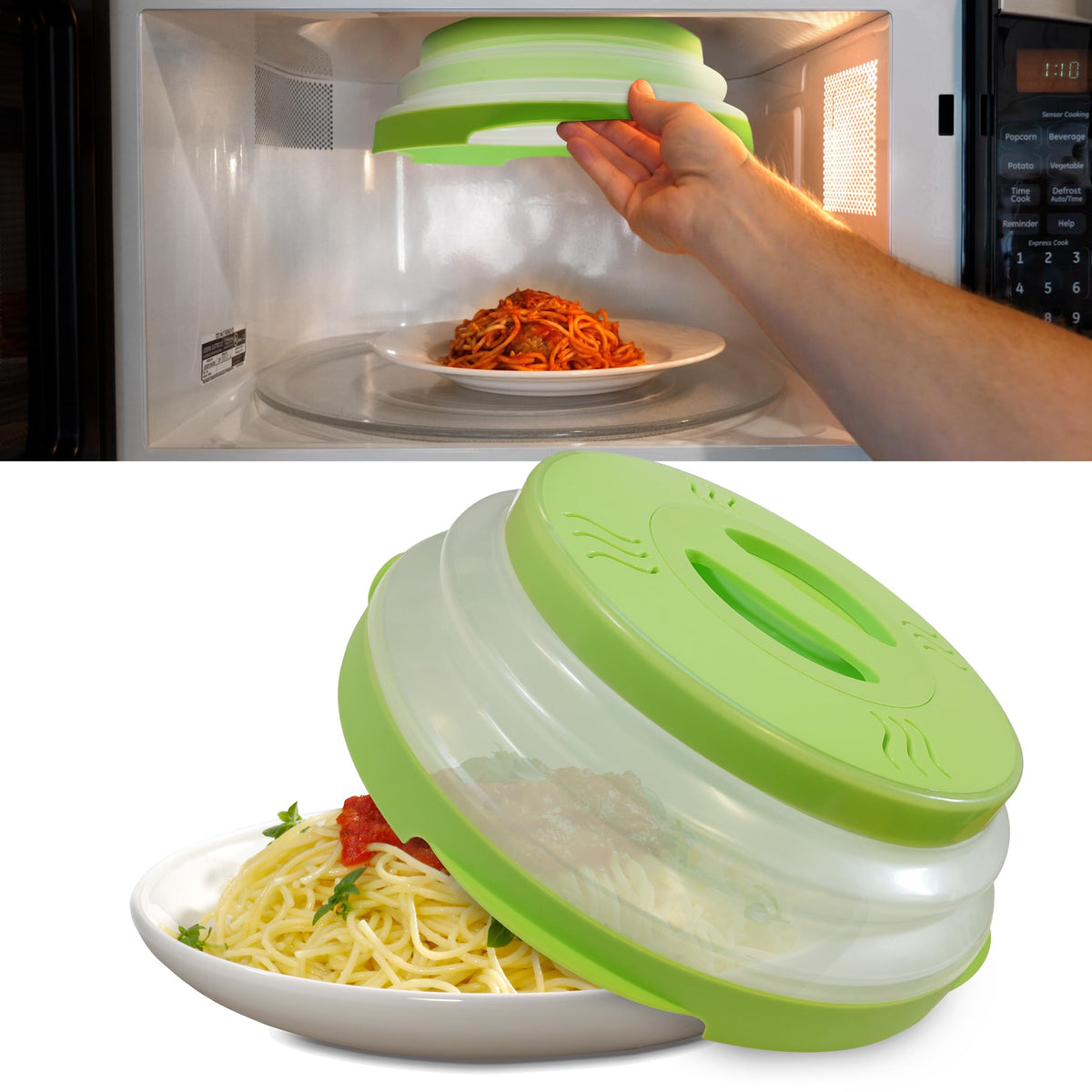 Hover Cover magnetic splatter cover attached to microwave ceiling for mess-free reheating.