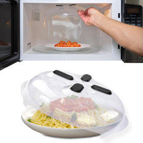 Hover Cover magnetic storage lid attached to microwave ceiling for easy access