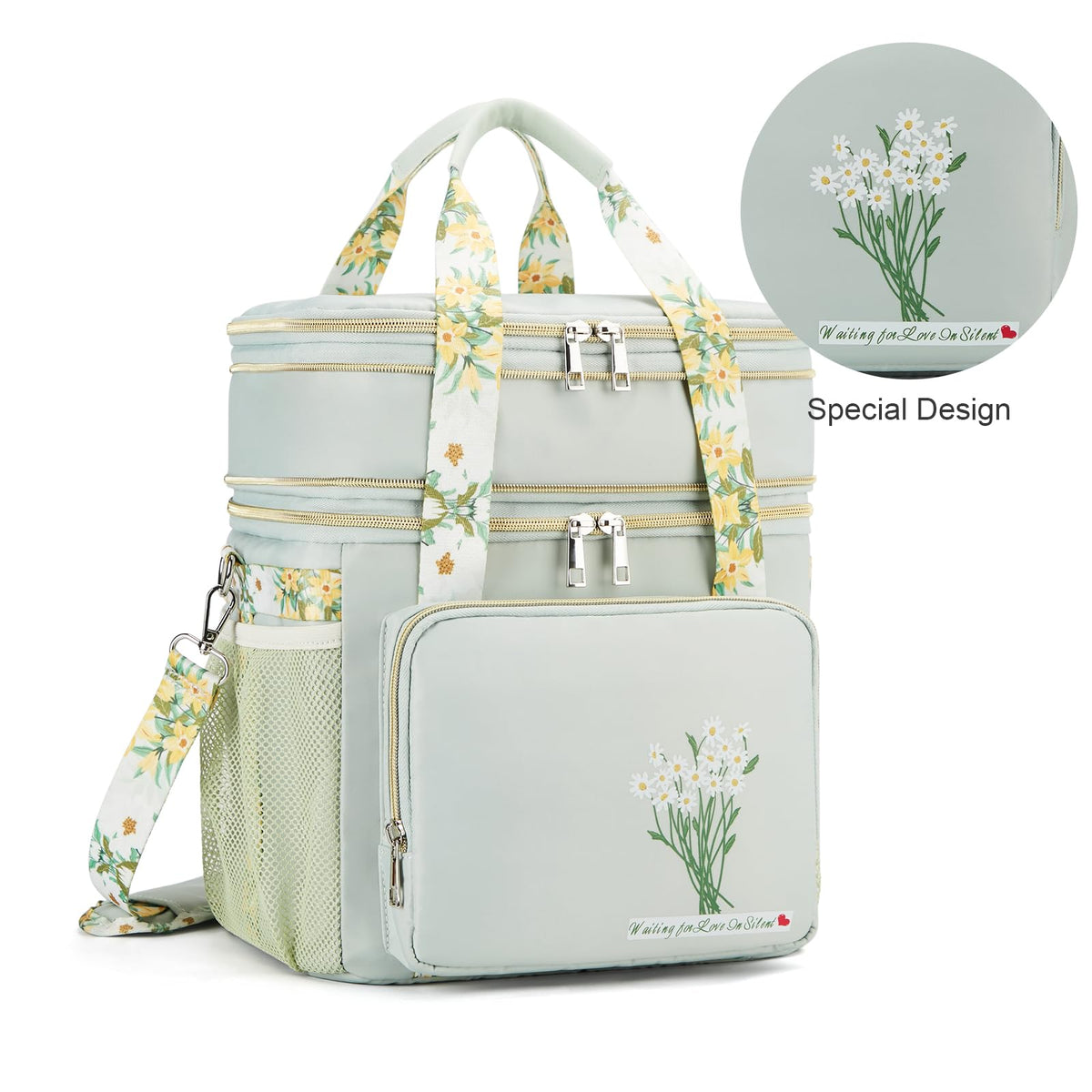 HSHRICH lunch bag with foldable top compartment and inner mesh pocket for organization.