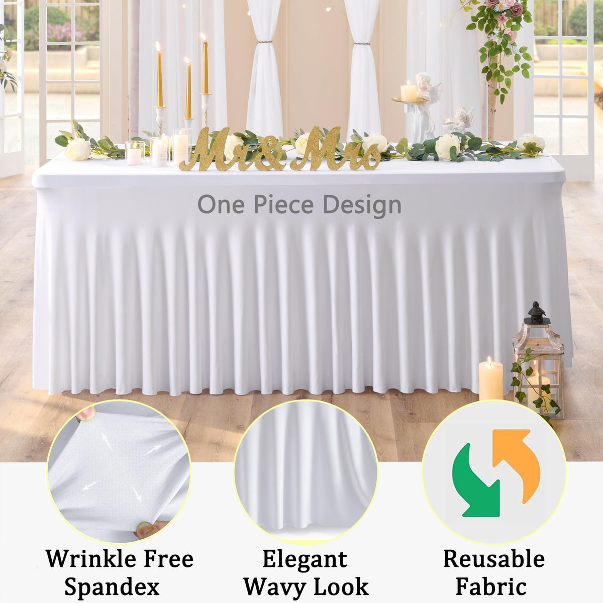 Htper easy-slip-on spandex tablecloth demonstrates quick setup.