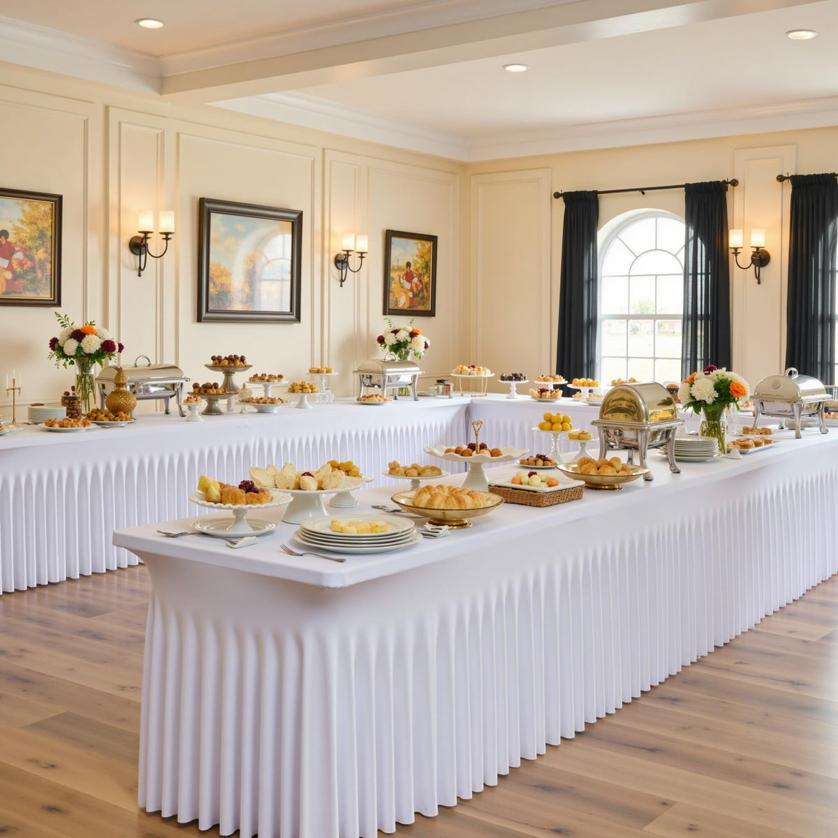 Htper elegant pleated edge creates refined banquet styling.