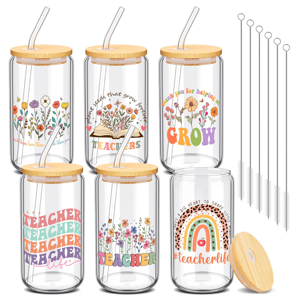 HUFAND 16oz glass cup with bamboo lid, ideal for teacher gifts and daily hydration.