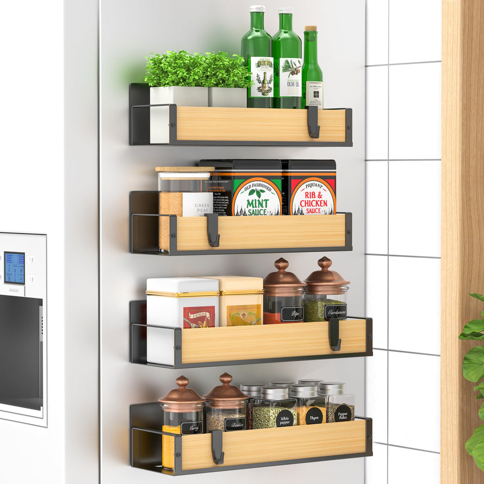 HuggieGems magnetic spice rack on fridge keeps jars within easy reach.