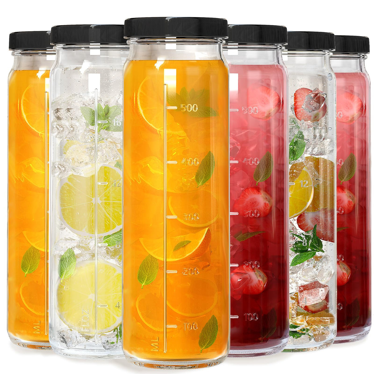 Huichuiero 6-pack 20oz glass bottles, pack-shot showing leak-free design for travel and storage.