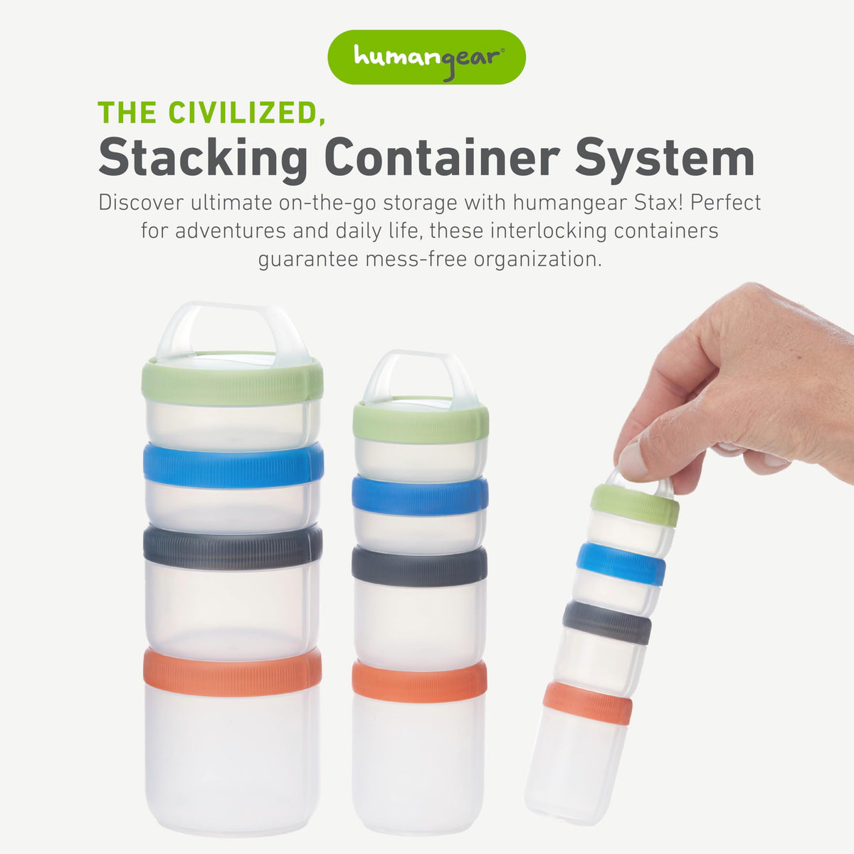 Humangear STAX four-piece stack shows organized on-the-go snack storage.