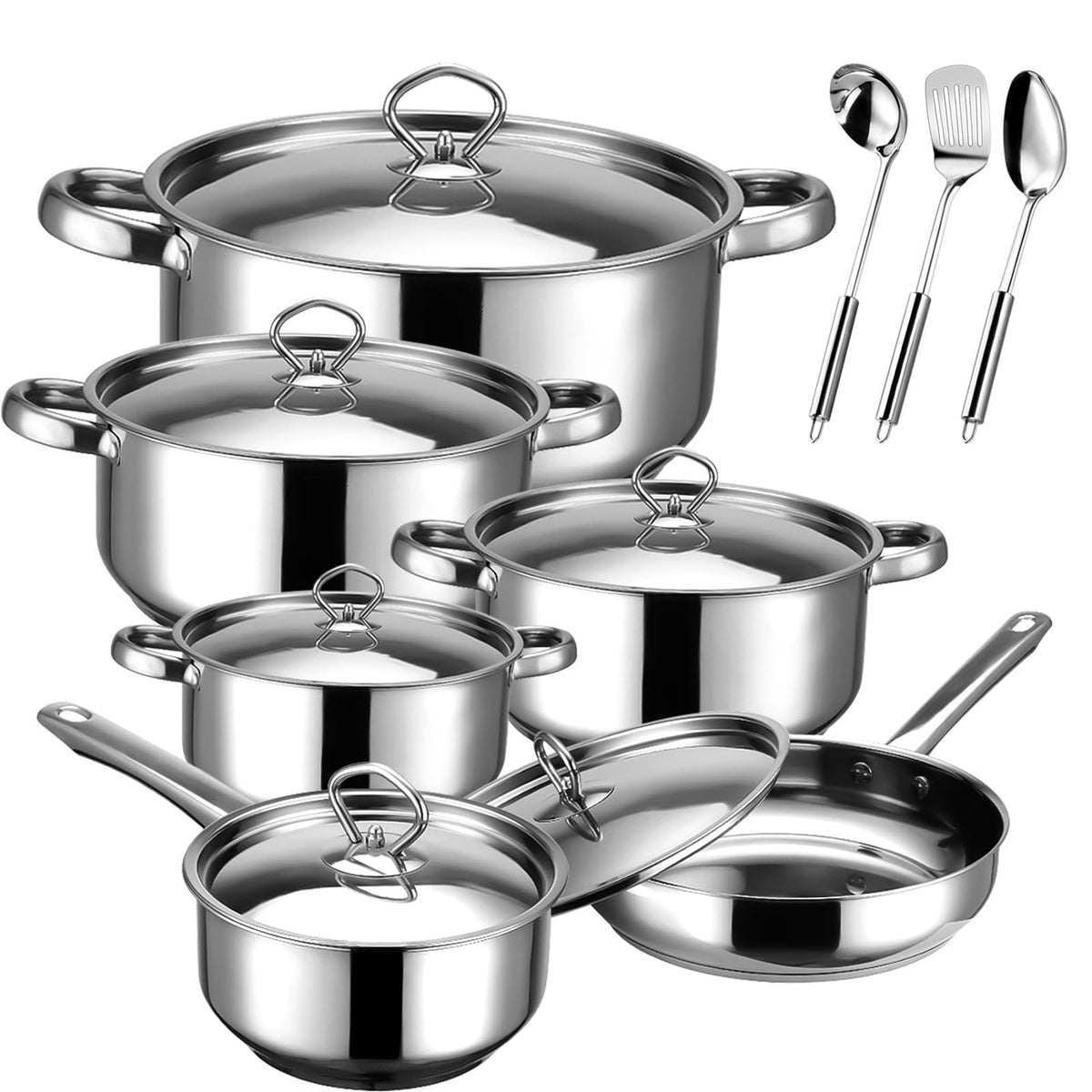 Hunnycook 15-piece stainless steel cookware set with ergonomic handles for easy cooking