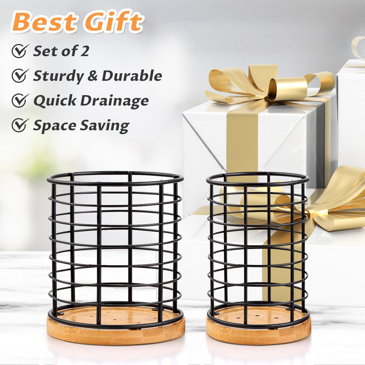 Hunnycook bamboo-base utensil holder channels moisture away from utensils.