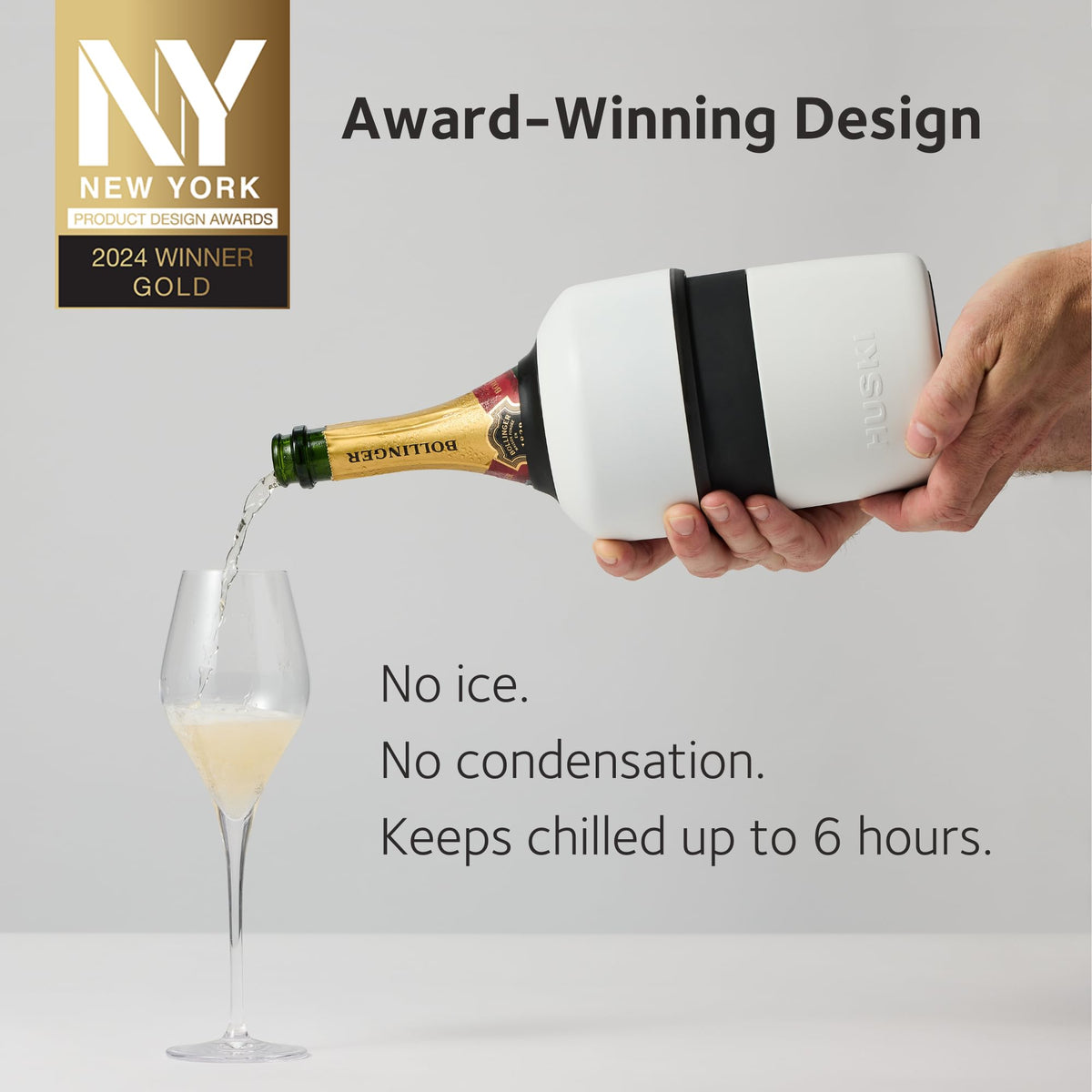 Huski Champagne Chiller BubbleLock stopper demonstrates secure sealing for bubbly retention.