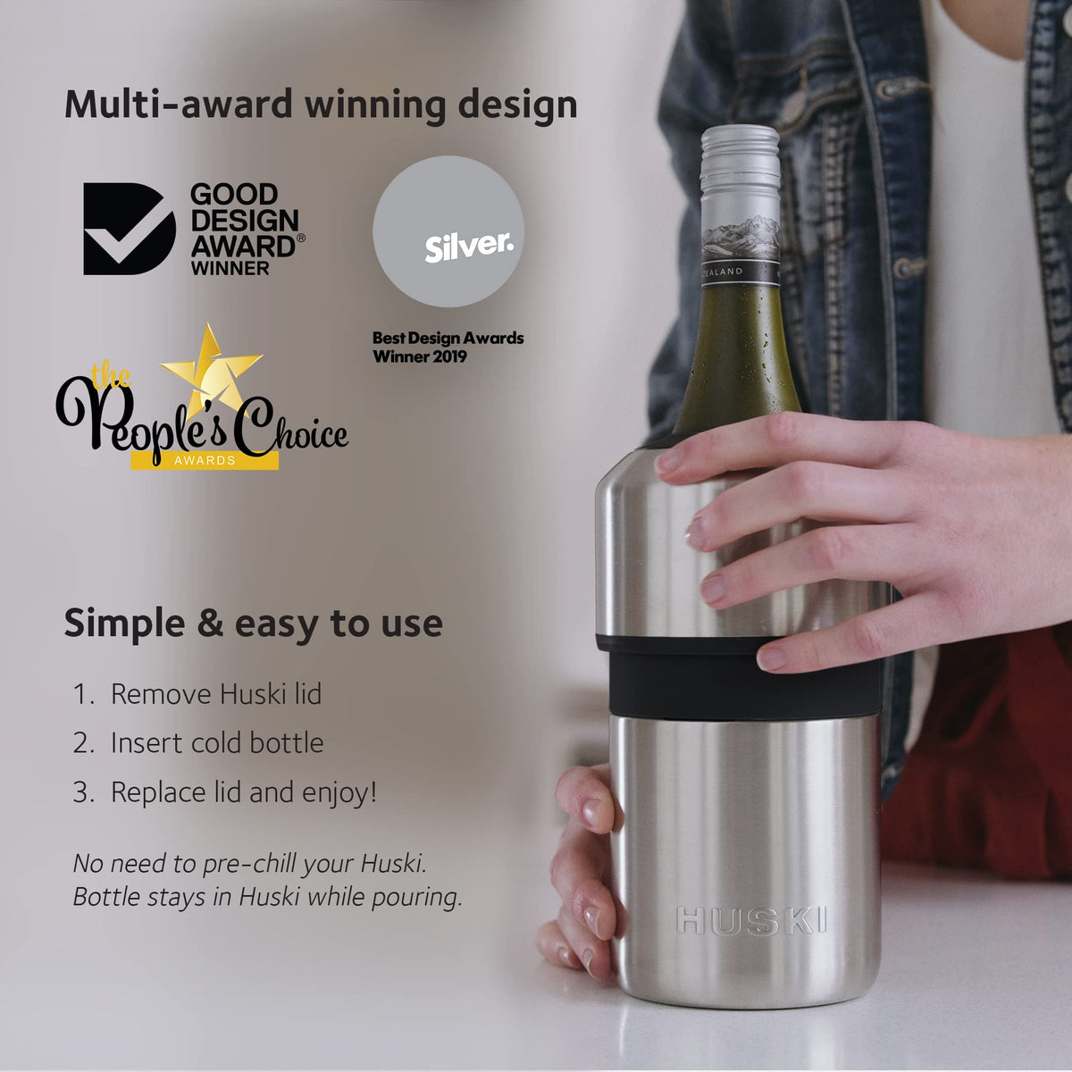 Huski wine chiller fits most 750ml wine and champagne bottles.