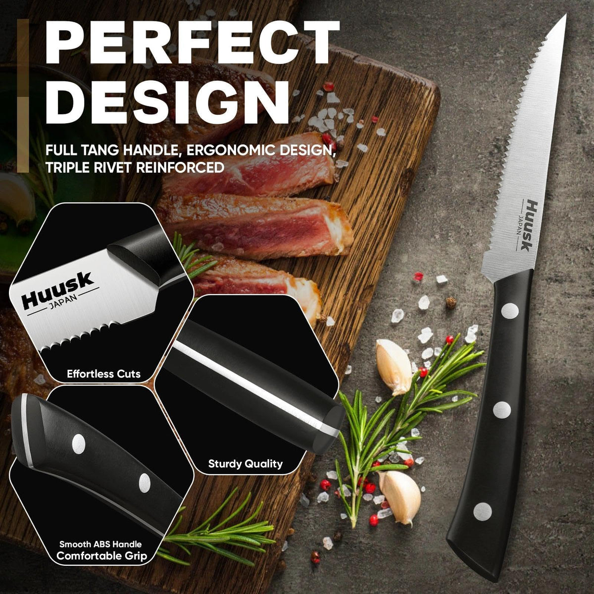 Huusk full tang handle shown for durable, stable grip during meals.
