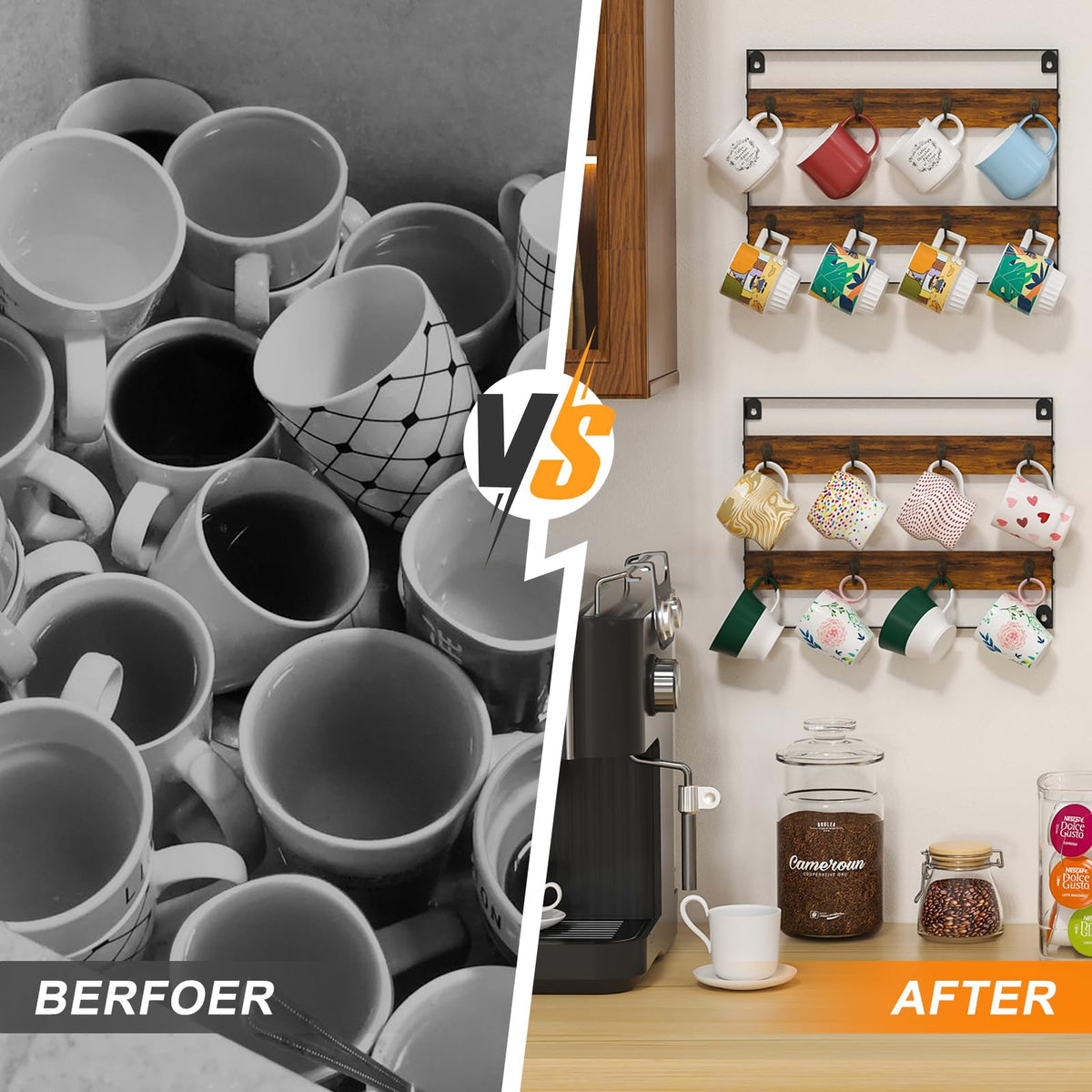 Huxitocan wall-mount display keeps mugs visible for guests and daily use.