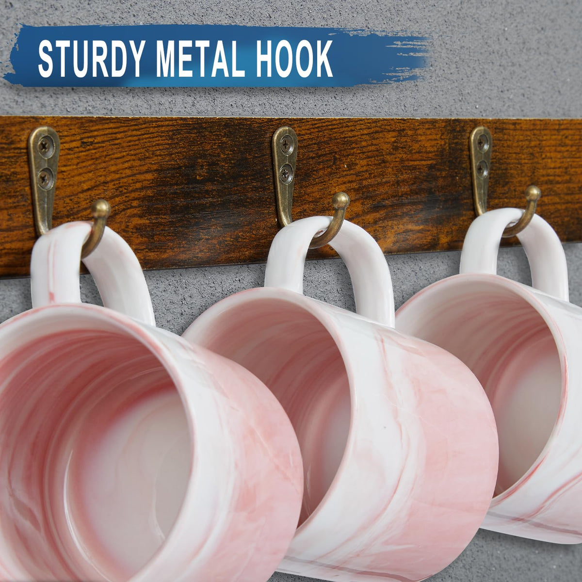Huxitocan mug rack in wood and iron, mugs neatly organized on display.